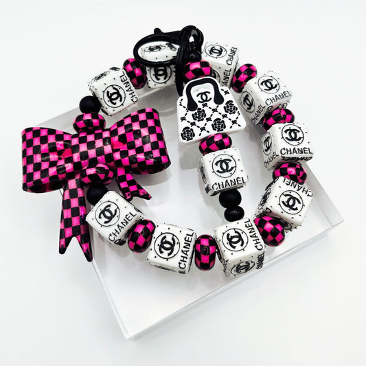 Checkered Pink Fashion Themed Inspired Beaded Keychain Wristlet