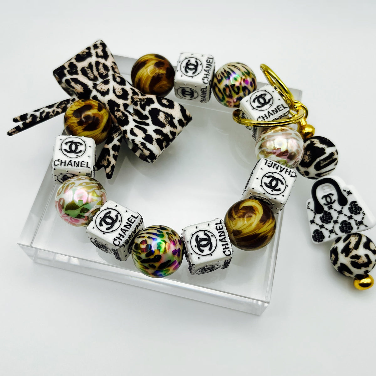 Leopard Black Quilted Keychain Wristlet with Beaded Accessories