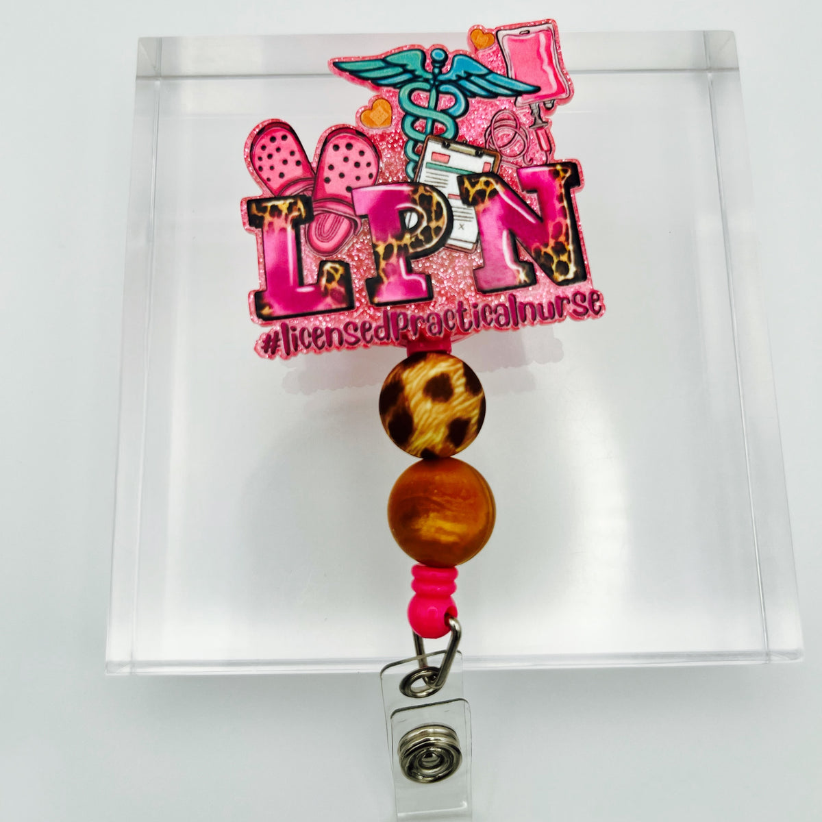 Leopard LPN Glitter Acrylic Badge Holder with Beads
