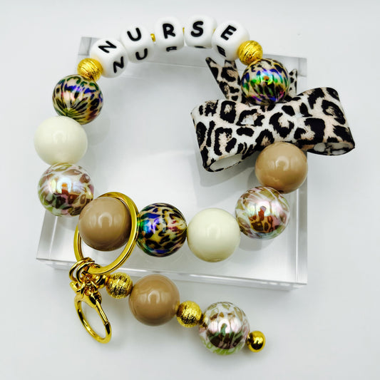 Leopard Nurse Beaded Keychain Wristlet with Bow