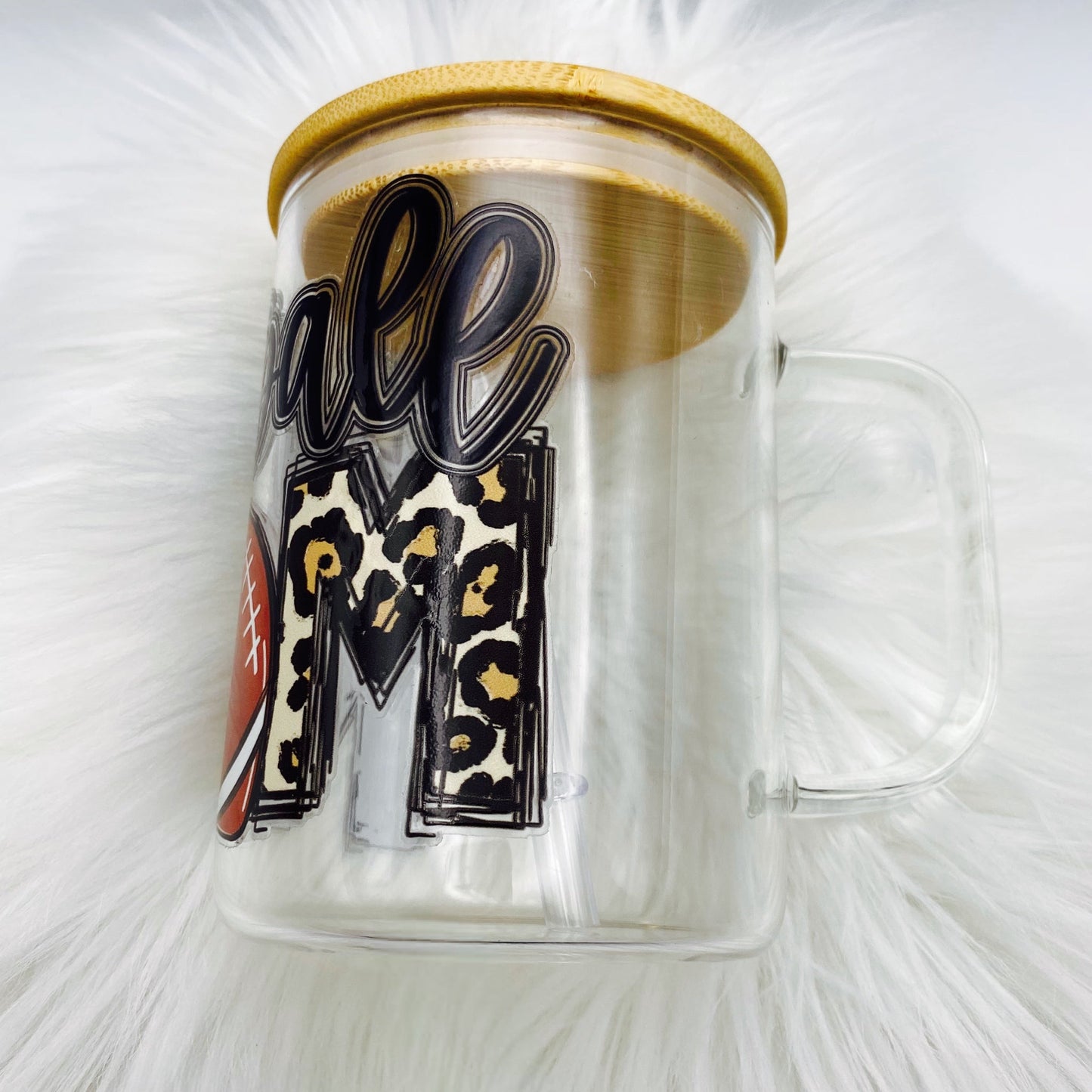 FOOTBALL MOM CLEAR GLASS COFFEE MUG With (UVDTF) Wrap - Joanell Creations