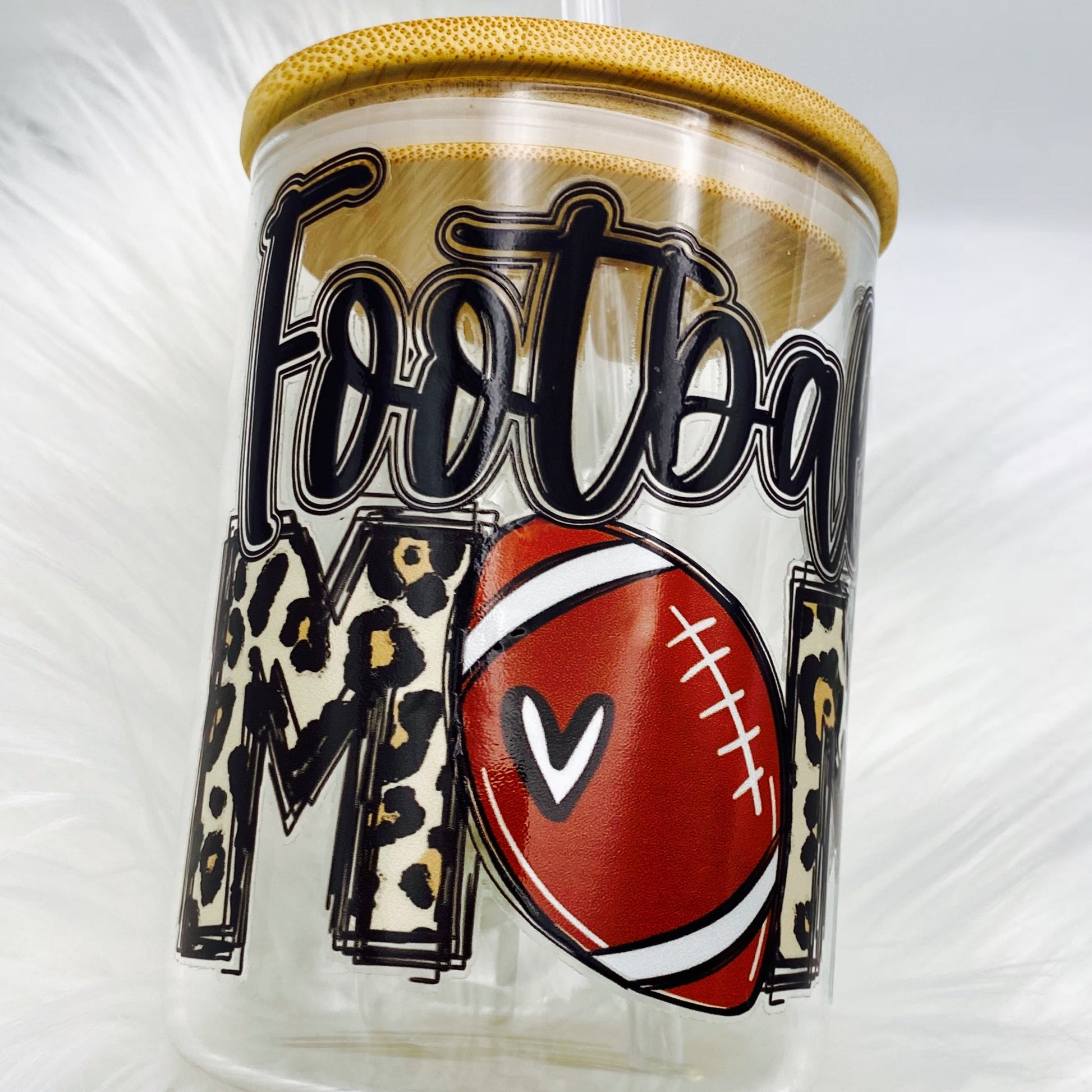 FOOTBALL MOM CLEAR GLASS COFFEE MUG With (UVDTF) Wrap - Joanell Creations