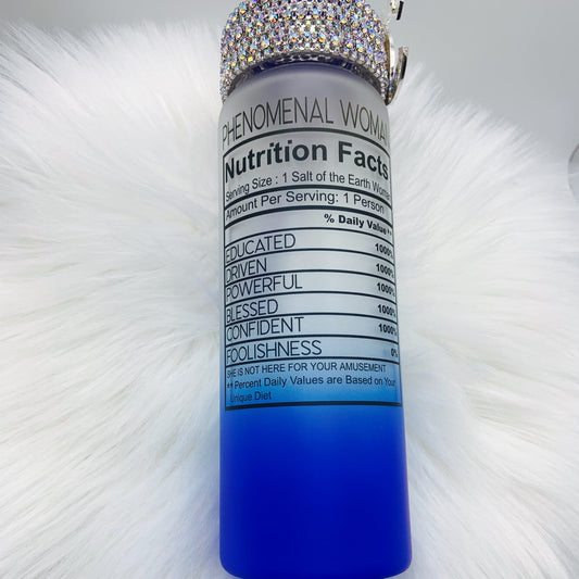 “PHENOMENAL WOMAN” Blue Ombre Bling Water Bottle - Joanell Creations