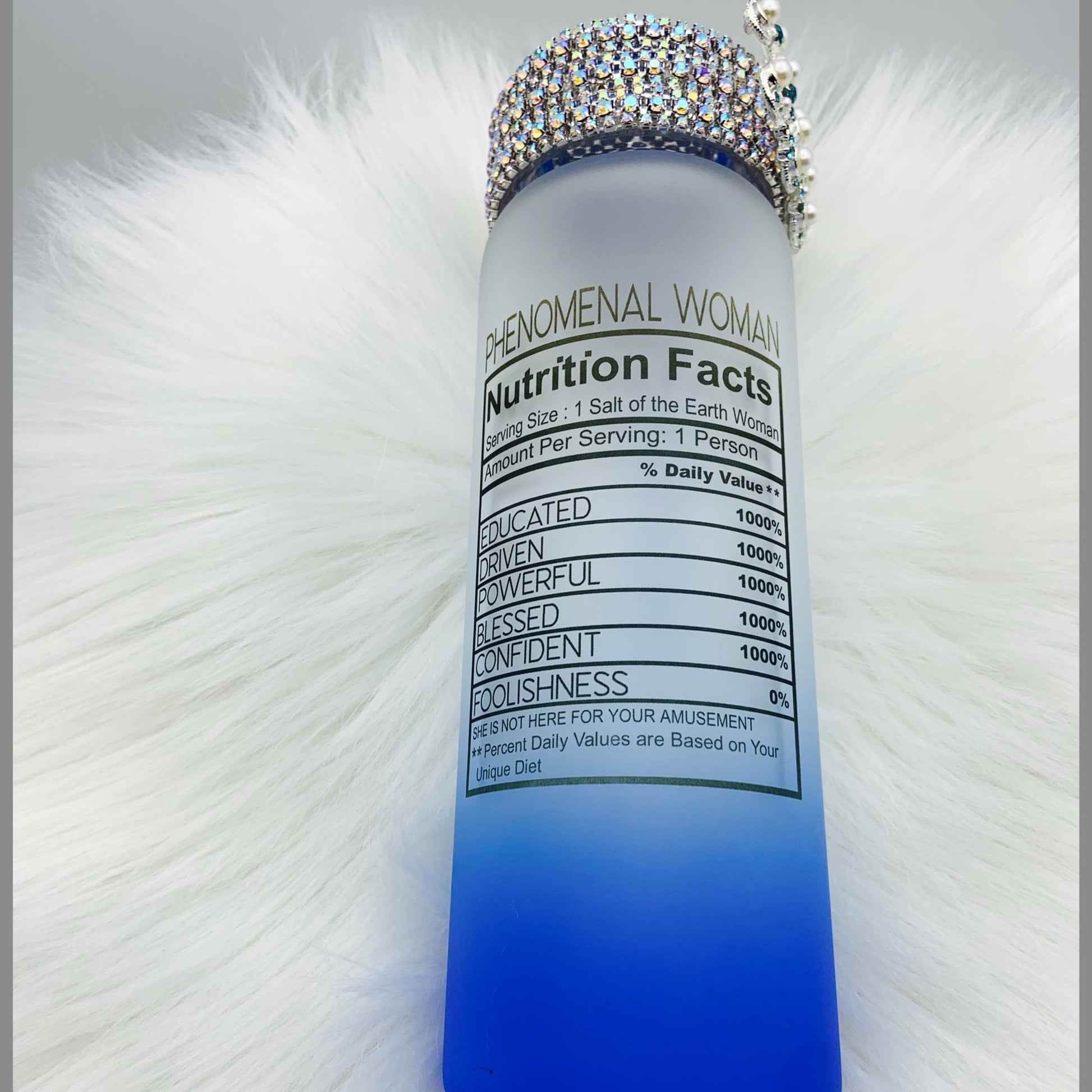 “PHENOMENAL WOMAN” Light Blue Ombre Bling Water Bottle - Joanell Creations